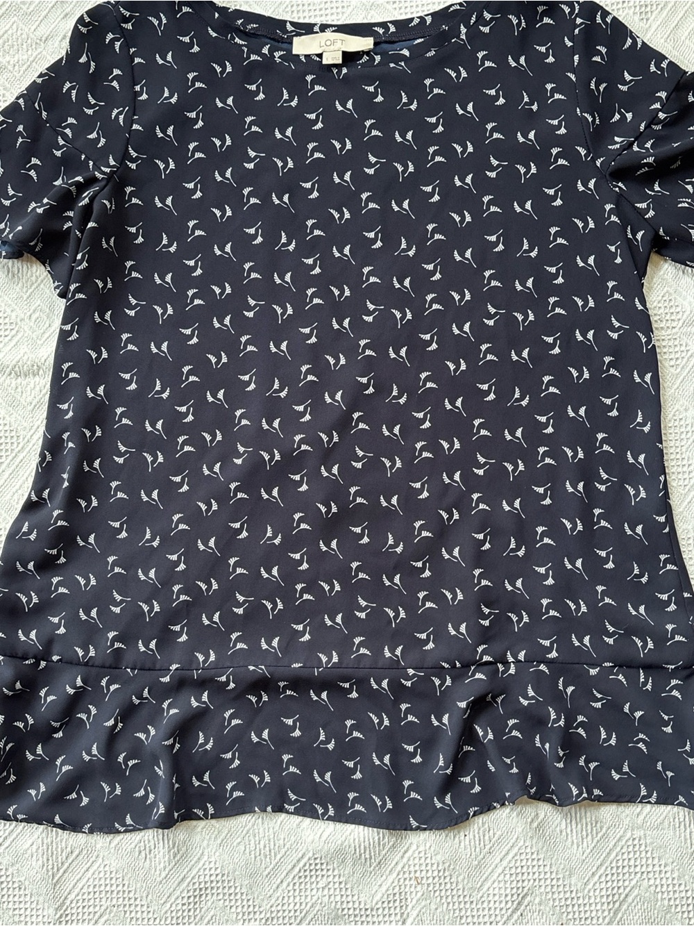 LOFT Black Bird-Print Short Sleeve Ruffle Hem Blouse